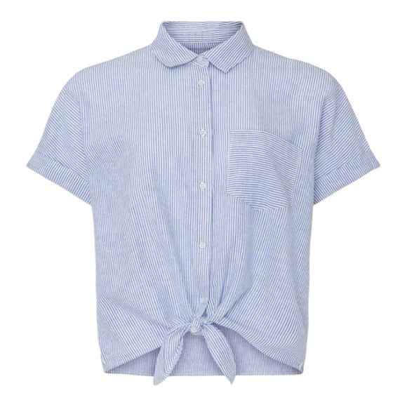 DL1961 Chrystie Street Top Blouse Tie Front Blue White Stripe Linen Blend Size M - Picture 3 of 7